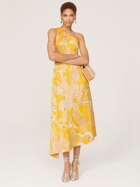 One-Shoulder Yellow Floral Midi Dress